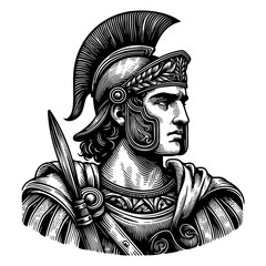  ancient Roman warrior in armor, holding a spear and decorated shield, symbolizing strength and valor engraving generative ai sketch PNG illustration