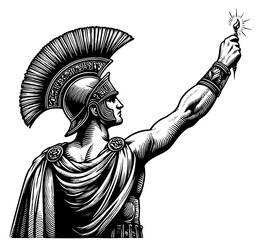 Obraz premium Roman warrior in armor and helmet, raising a lit torch, symbolizing victory, power, and enlightenment engraving generative ai sketch PNG illustration