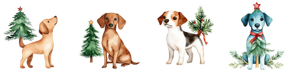 Playful dogs with Christmas trees, perfect for festive designs, isolated on transparent background.