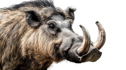 Fototapeta premium The Ferocious Gaze: A striking close-up of a warthog, revealing its rugged features, fierce expression, and prominent tusks, evoking a sense of the wild and untamed.
