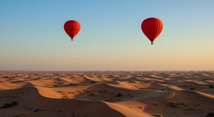 Obraz premium Crimson ascent, hot air balloons grace a serene desert canvas at daybreak