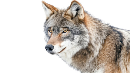Fototapeta premium Wolf's Introspection: An engaging portrait of a majestic wolf, displaying an intense gaze, set against a clean, minimalist background.