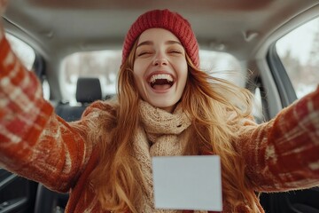 Overjoyed European lady sitting in her own car and holding new driver license, celebrating driving school finish, sitting inside of vehicle