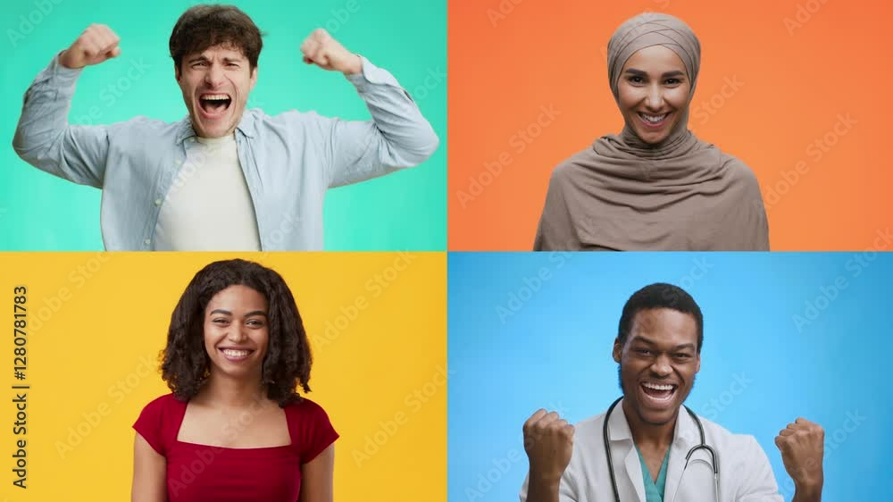 Poster a diverse group of adults and children expresses joy and triumph through cheerful gestures. differen
