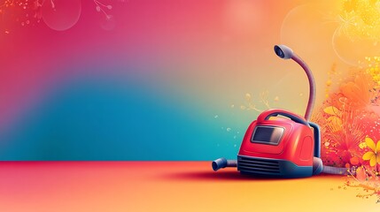 Red vacuum cleaner, spring cleaning, colorful background, floral design, home cleaning advertisement