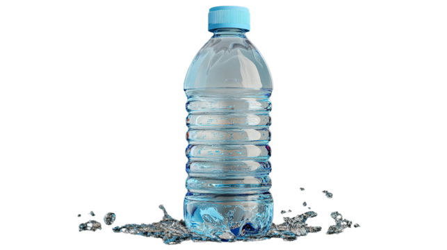 Refreshing Hydration: A pristine bottle of water, poised against a backdrop of glistening droplets, symbolizes purity and thirst-quenching refreshment.
