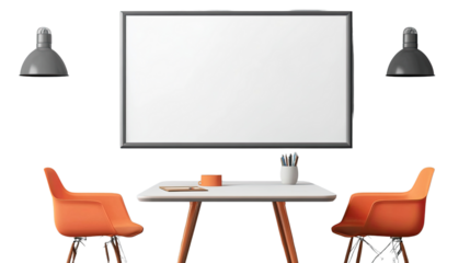 Modern Meeting Room: A contemporary meeting room or workspace, featuring an empty whiteboard, two orange chairs, a small table with stationery, and stylish lamps.