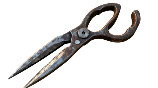 Rusty Scissors: An old, weathered pair of scissors, displaying the marks of time and use, rest against a plain backdrop, a symbol of manual work and tools.