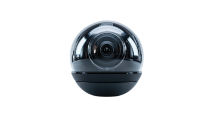 Modern Surveillance: A sleek, futuristic surveillance camera, designed with a spherical lens and a dark, minimalist aesthetic, capturing a sense of advanced technology and security. 
