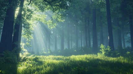 Obraz premium Serene forest landscape with sun rays shining through tall trees