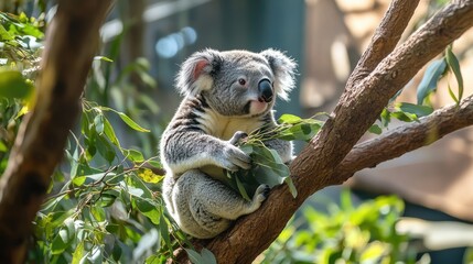 Fototapeta premium A serene 4K image of a koala bear calmly sitting on a tree branch, munching on leaves in its natural habitat, perfect for wildlife enthusiasts and nature lovers.
