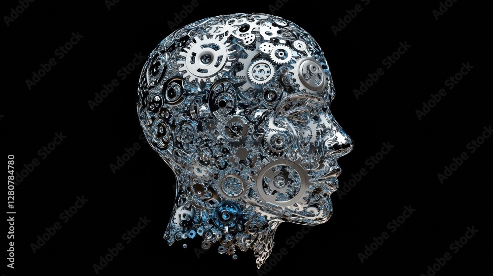 Poster Human head shape filled with interlocking gears symbolizing advanced artificial intelligence technology and cognitive processes. Generative AI