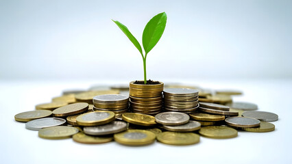 A small tree grows from a pile of coins, symbolizing finance and growth. and the connection between nature and finance.