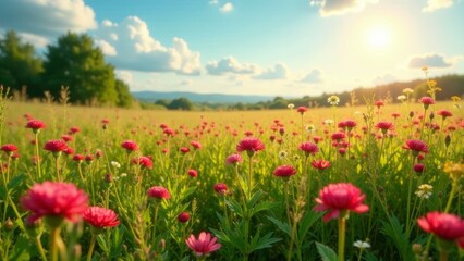 Fototapeta premium Vibrant Pink Flowers in a Sunlit Meadow, a Serene Landscape of Blooming Beauty at Golden Hour