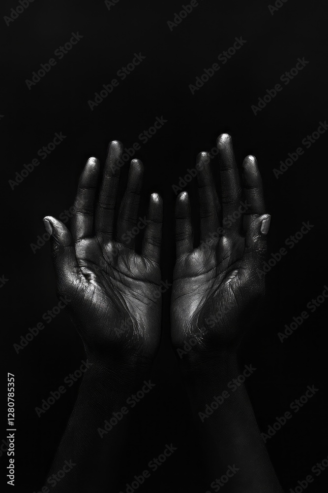 Poster in a striking contrast against a pitch-black backdrop, a pair of open hands extends outward, embodyi