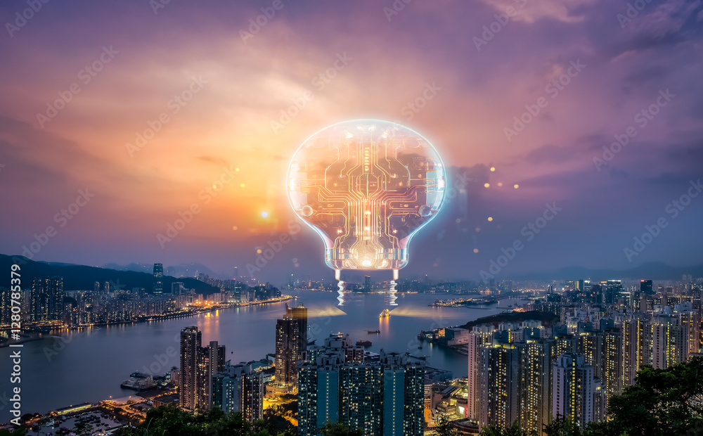 Aufkleber hong kong cityscape at dusk, featuring a large, luminous digital lightbulb hovering above the skylin
