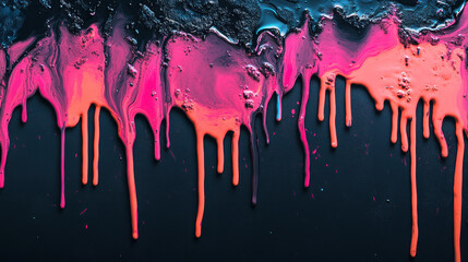 A textured abstract artwork with paint cascading like a colorful waterfall, featuring shades of pink, orange