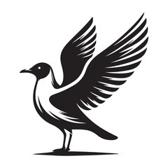 Seagull bird Silhouette Vector Illustration, Solid White Background.