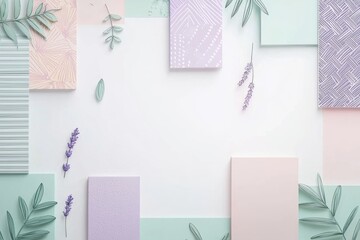 A stylish flat lay featuring pastel-colored geometric shapes and delicate botanical illustrations, creating a clean and modern composition with ample copy space.
