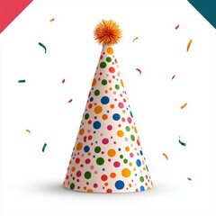 Obraz premium Colorful cone-shaped birthday party hat with confection decorations placed on a white background