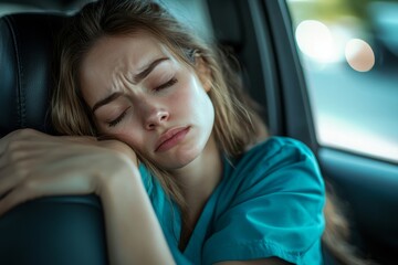 Work-life balance of healthcare worker. Tired nurse crying in car, going home after hard work day, doctor feeling exhausted