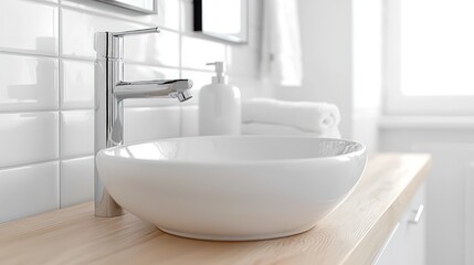 Fototapeta premium Modern Minimalist Ensuite Bathroom Design White Sink Chrome Faucet Wooden Vanity