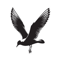 Seagull bird Silhouette Vector Illustration, Solid White Background.