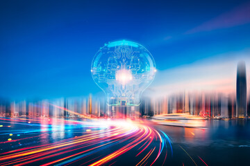 Futuristic digital light bulb over Hong Kong cityscape at night with vibrant light trails.  Abstract representation of innovation in a bustling Asian metropolis.