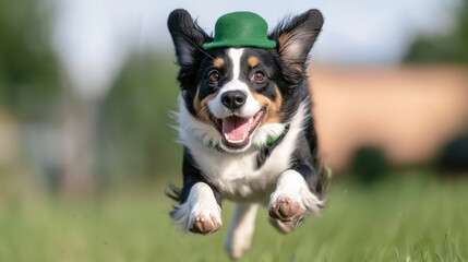 A joyful dog wearing a green hat leaps through a grassy field, showcasing its playful spirit. The background is softly blurred, emphasizing the dog's vibrant expression and movement.