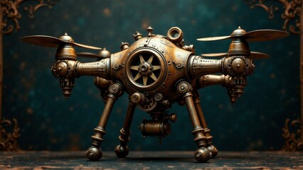 Fototapeta premium Intricate Steampunk Drone Model with Ornate Gears and Propellers on a Dark Background