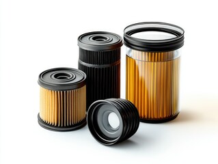 Isolated Oil Filters and Motor Oil Can on White Background for Automotive Purposes
