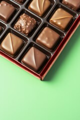 Assorted chocolates arranged neatly in box, showcasing rich text