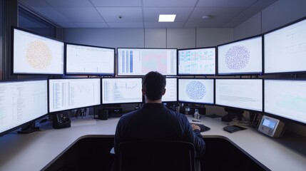 Autism research lab with scientists analyzing data on large monitors. Featuring data-driven research and discovery