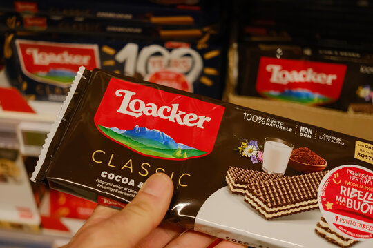 Loacker chocolate wafers, on the inside shelf of the supermarket, February 21, 2025