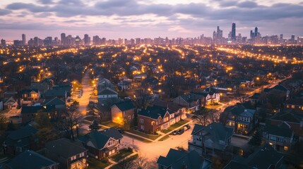 Naklejka premium Aerial Night Panorama of Chicago Suburbs: Urban Landscape with Charming Houses and Townhouses Under Dusk Sky