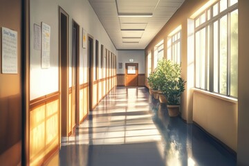 Fototapeta premium Blurred Vision of a High School Classroom Hallway with Junior Classes in Perspective