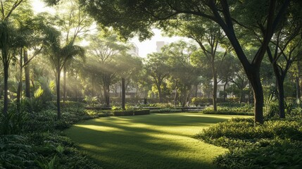 Obraz premium Serene green park with sunlight filtering through tall trees