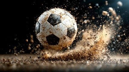 Fototapeta premium Muddy Soccer Ball Action Shot Intense Game Flying Dirt Dramatic Kick