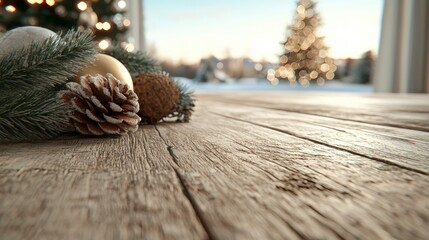 Rustic Wooden Table Christmas Decor  Festive Garland  Pine Cones  Ornaments