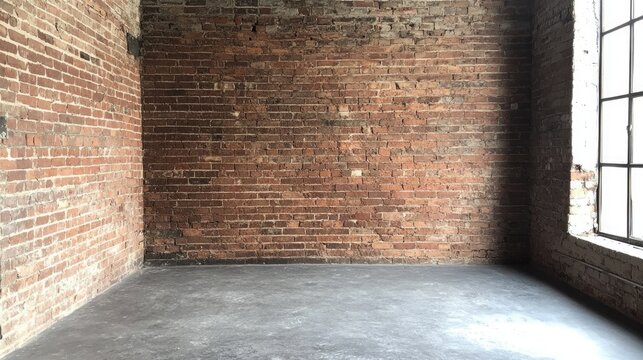 Fototapeta Spacious Corner Studio with Brown Brick Wall and Grey Concrete Flooring for Product Display and Advertising Purposes