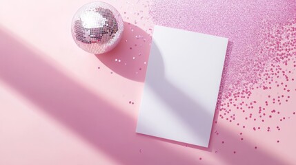 Bright pink backdrop adorned with shimmering disco ball and sparkling confetti invites creativity for a festive celebration