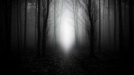 Fototapeta premium Misty forest path, light at end, mysterious woods, background for fantasy, horror, or suspense