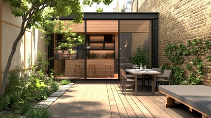 Obraz premium Contemporary Urban Patio Retreat: A Cozy Garden Space for Relaxing with Wine