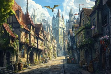 Obraz premium Vibrant Medieval Fantasy Townscape: Colorful Streets and Iconic Buildings in a Heroic Realm