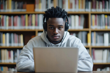 Smart black student guy wearing headphones, watching educational lecture on laptop and doing college project, studying in library