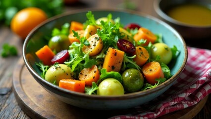 A vibrant autumnal salad featuring roasted root vegetables and fresh greens in a rustic bowl