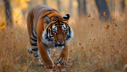 Naklejka premium Bengal Tiger Stalking Through Autumn Grasslands