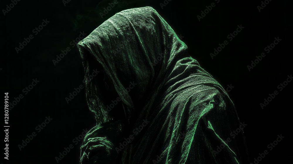 Poster a dark silhouette of a hooded figure stands in the dim light, softly illuminated by an eerie glow. t