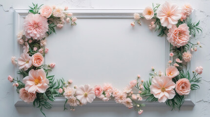 Obraz premium Charming pastel pink peony flowers surrounding a white tray to create a tranquil and inviting home decor arrangement for Copyspace and Text Background