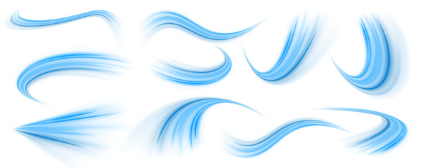Wavy transparent curved lines in the form of the movement of sound waves in a set of different shapes of whirlpool. Set of neon speed lines on transparent background. Light, light garland PNG.	